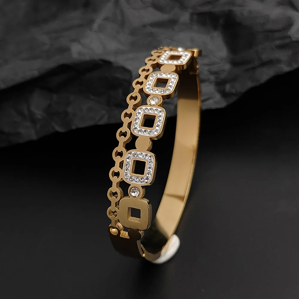 

Bracelet for Women Hollow Square Bracelets Double Layer Bangles Zircon Inlaid Stainless Steel Jewelry Women's Jewelry Gifts