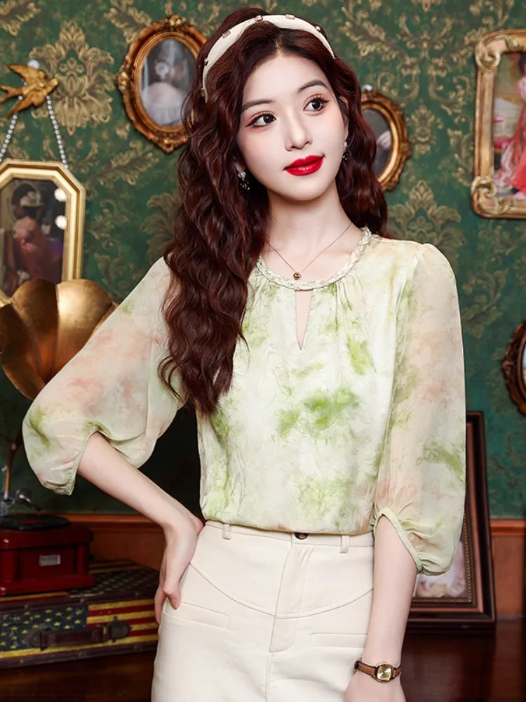 

Floral Print Loose Women's Top Summer 2024 New Sle Svel Chiffon irt Cover Belly Faionable And Youthful