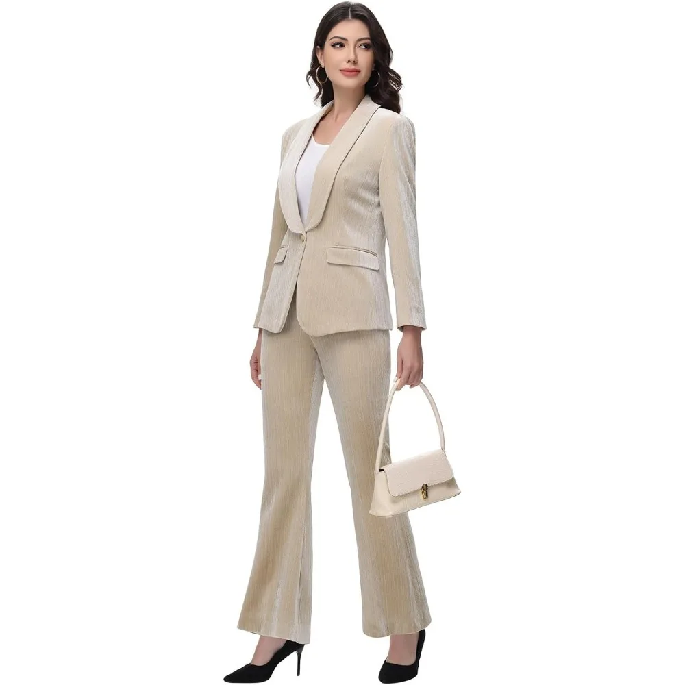 レディース パンツスーツ ドレスアップ シルバー糸 ベルベット ツーピーススーツセット ブレザーとフレアパンツ