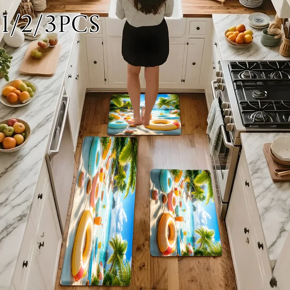 3PCS Kitchen Rugs,Home Decoration for Front Door, Kitchen, Bathroom, Tropical Beach Palm Trees Floats Sky Water Dining Mat