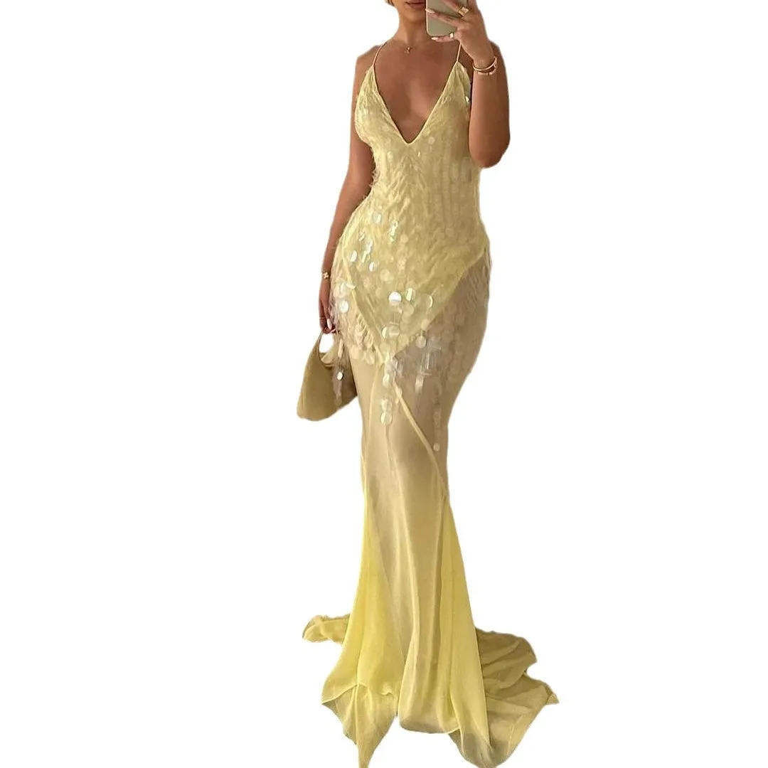 V Neck Sexy Backless Bodycon Sequin Fishtail Evening Dress Dresses Spring Summer