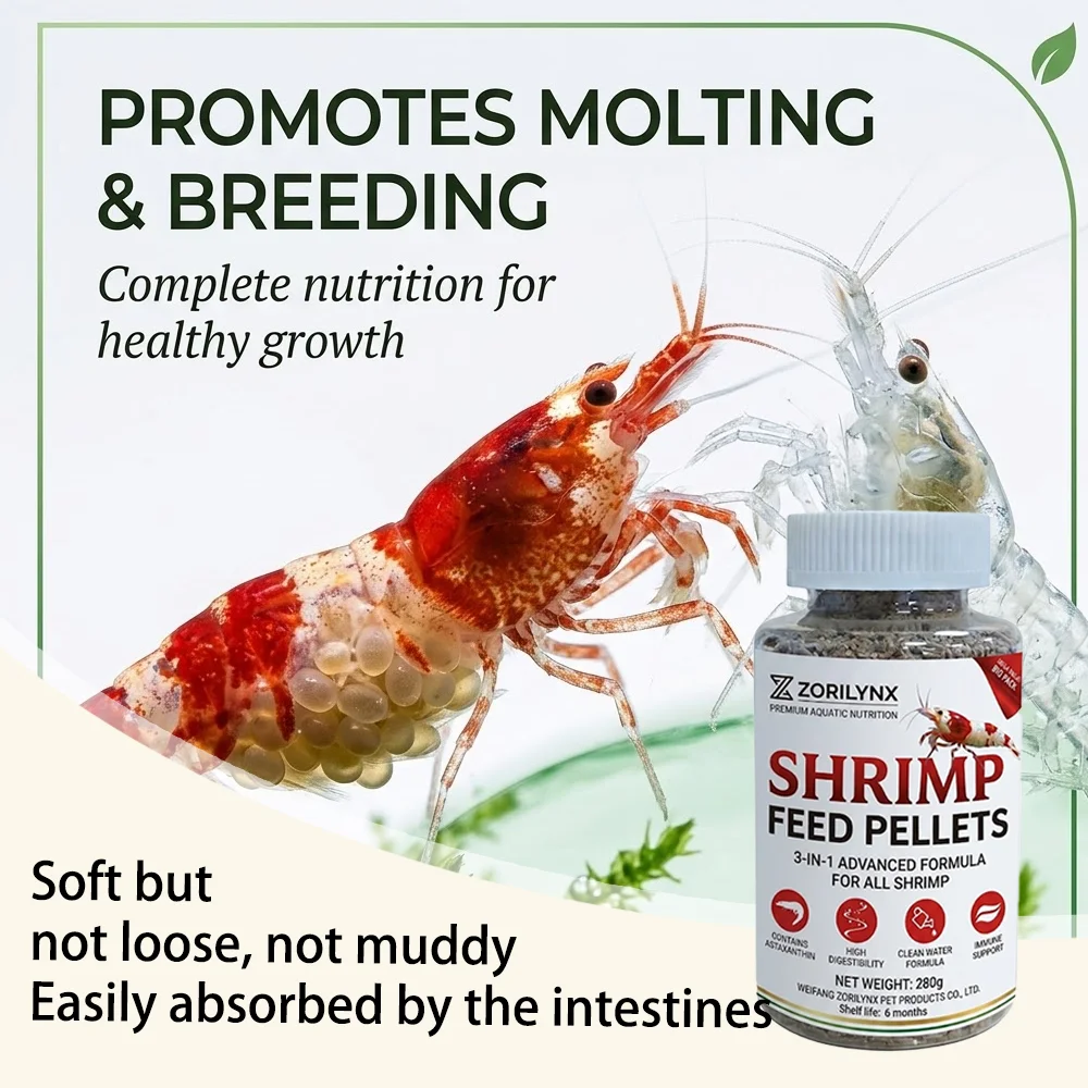 Alimento Nutritivo para Camarones, Pellets Hundibles, Alto en Proteínas y Calcio, para Camarones Rojos Cristal en Acuarios, ZORILYNX