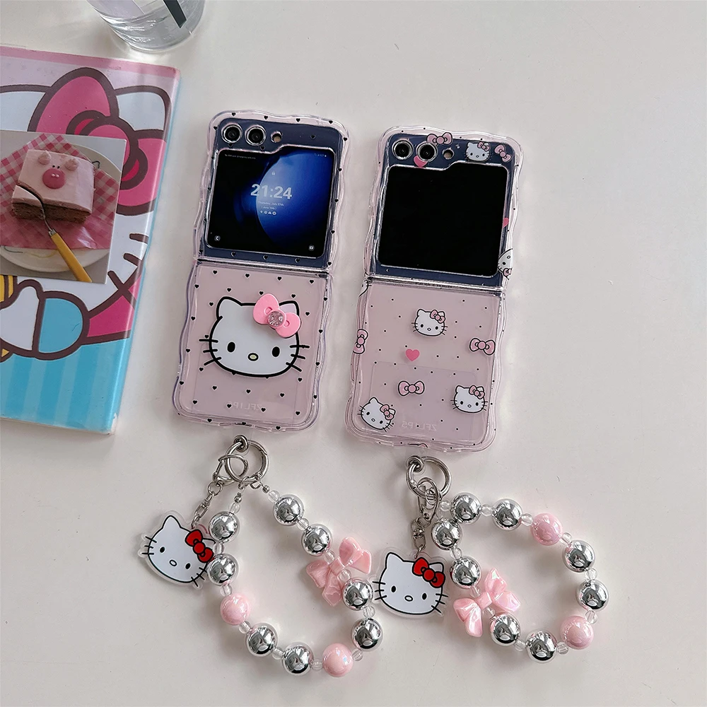 Sanrio Hello Kitty with Lanyard Phone Case for Samsung Galaxy Z Flip 3 4 5 Z Flip 6 5G PC Hard Anti-fall Back Cover