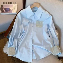 DUOJIHUI-Chemise élégante à manches longues pour femme, bouton chic français, simple et décontracté, bleu, dame de bureau, mode féminine, printemps, nouveau