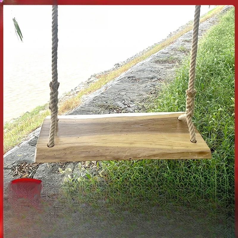 أرجوحة خارجية للأطفال في المنزل الداخلي مفردة ومزدوجة فناء شرفة لوح خشبي حبل القنب أرجوحة من الخشب الصلب