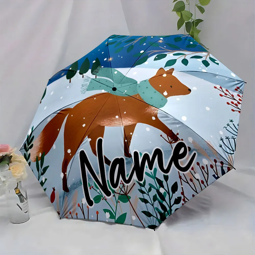 Custom Name Whimsical Forest-Themed Umbrella with Fox Design Print 8 Iron Ribs Folding Umbrella Auto-Open Fashion Sunshade