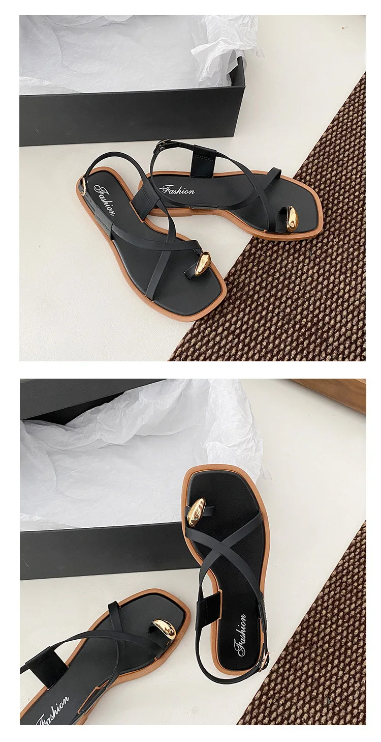 2026 Damen Sandalen mit flachem Absatz, Zehenclip, lässige Römersandalen, Sommer, schmaler Riemen, Knöchelschnalle, Strandschuhe für Damen – Detail 19
