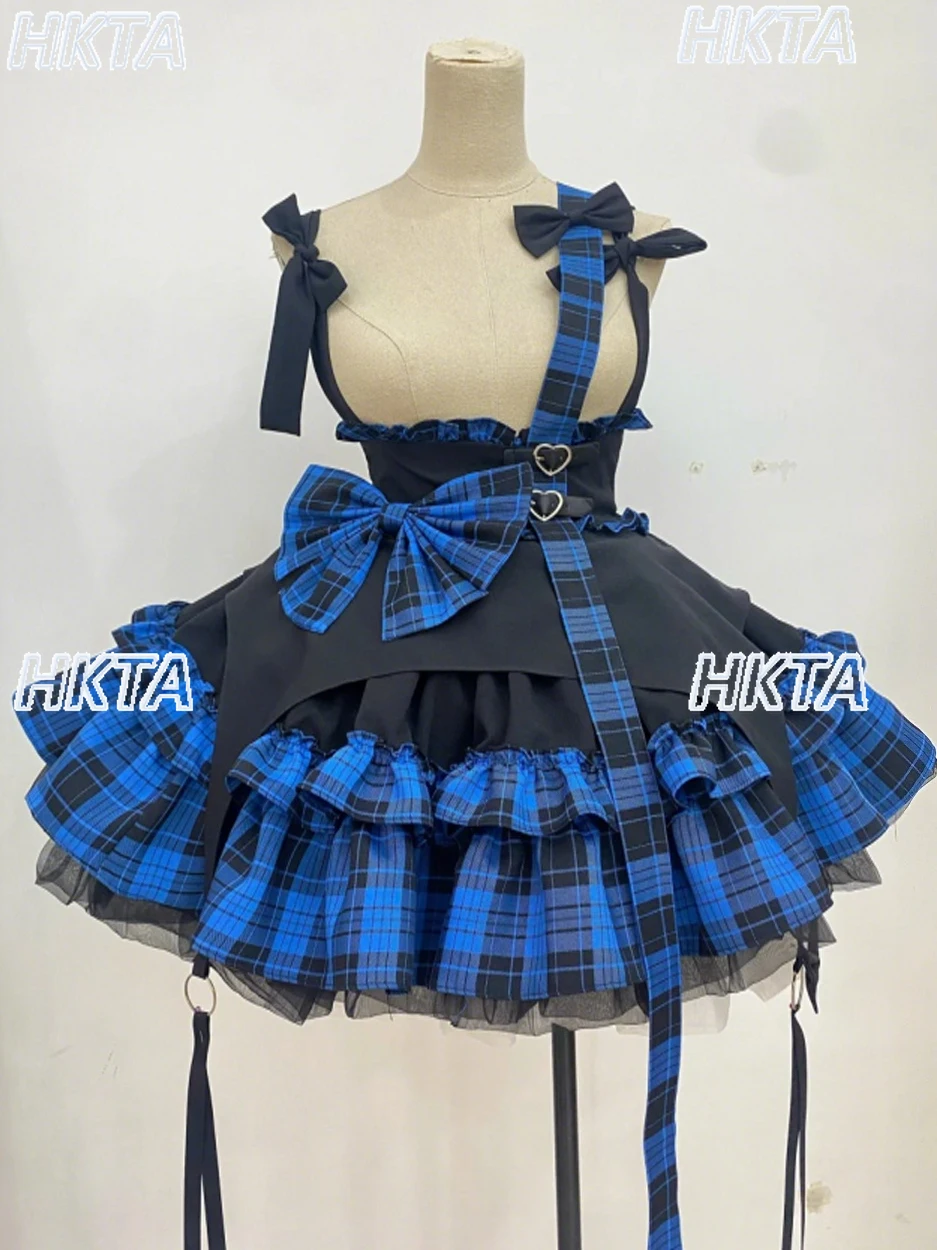 Gonne Lolita con fiocco sottile a vita alta con torta stile punk scuro Subcultura quotidiana Goth Gonne con cinturino corto gonfio scozzese rosa nero da donna