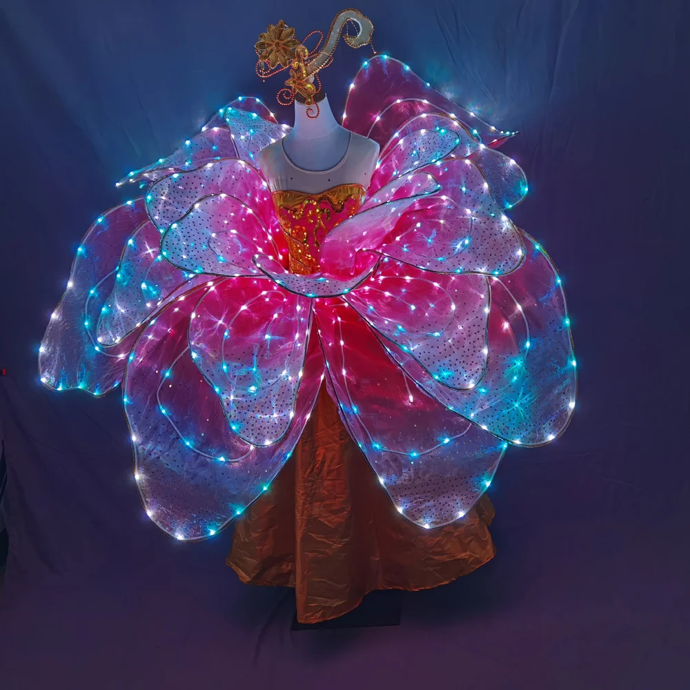 Full Color LED Petal Skirt Flower Opening Dance Big Swing Dress Modern Dance Performance Dress LED Robot Suit Blossom Long Dress