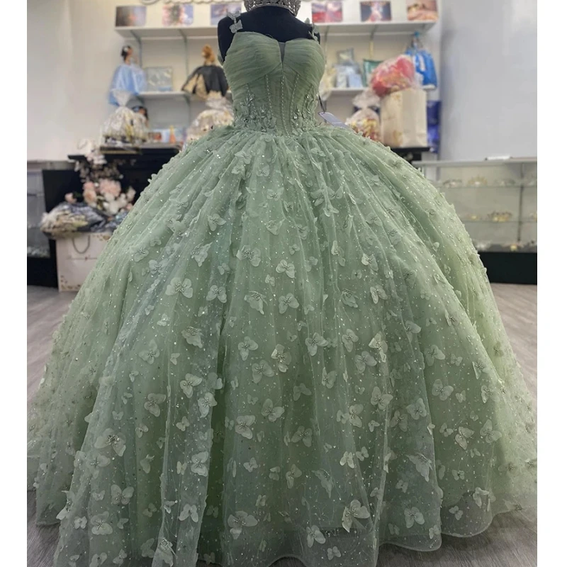 

Sage Green 3D Butterfly Bow Pleat Quinceanera Dresses Ball Gown Spaghetti Strap Beading Crystal Corset Vestidos De 15 Años