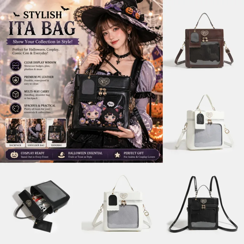 BJD Doll Backpack Handbag Large Capacity Ita Bag Shoulder Bag, Leather Clear Window Student Travel, Commuter Doll Carrier Itabag