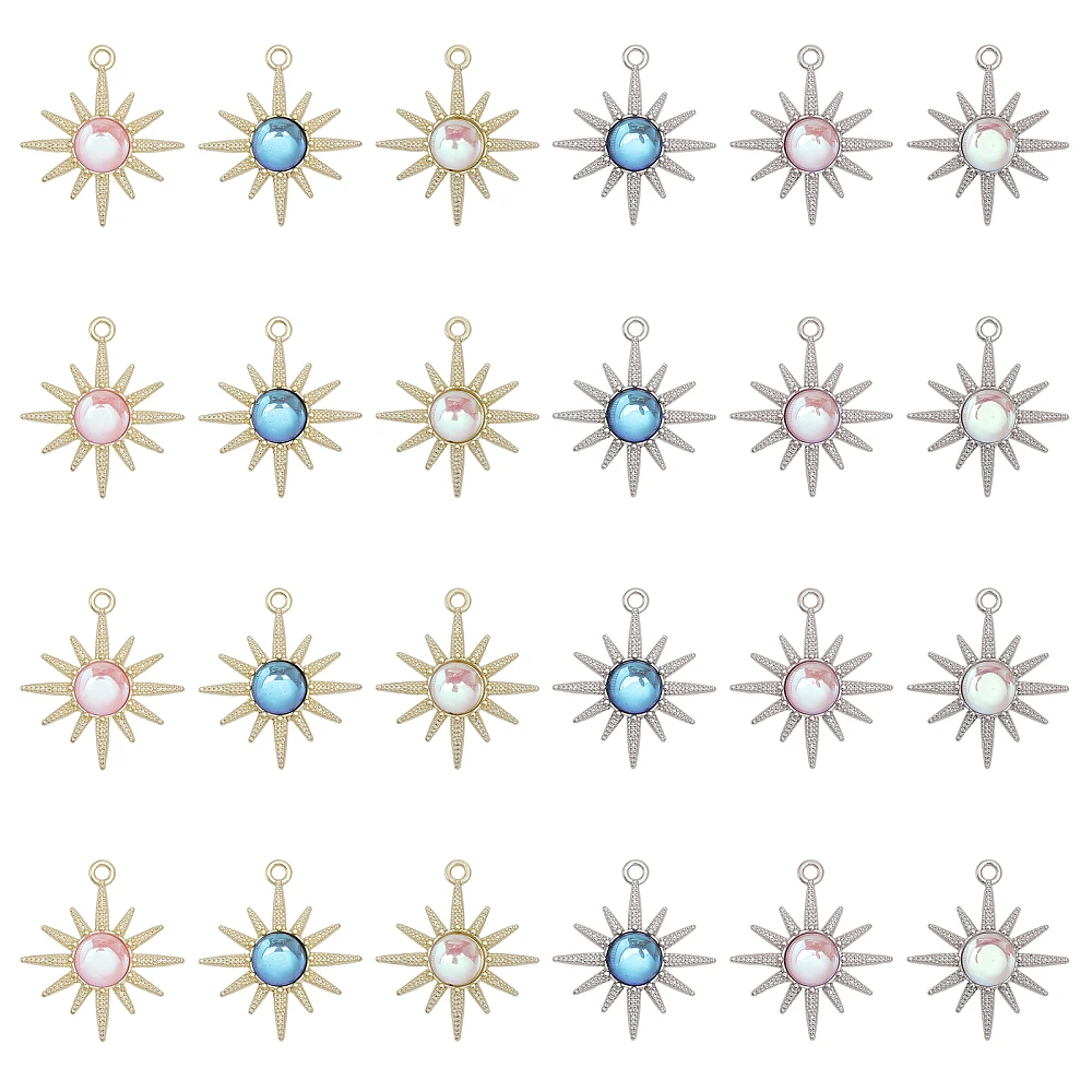 24Pcs 6 Styles Rack Plating Alloy Pendants Sun Charms with Resin Cadmium Free Nickel Free Lead Free Platinum Light Gold