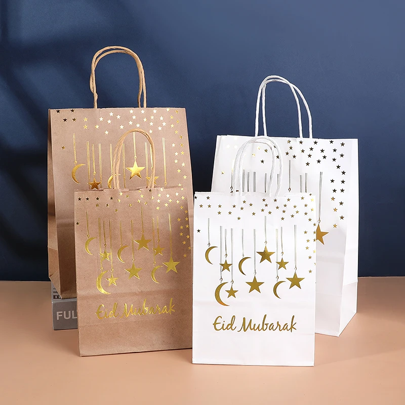 

5Pcs Eid Mubarak Kraft Paper Tote Bags Moon Star Reusable Candy Gift Packaging Bags Ramadan Kareem Party Favors Gift Decoration