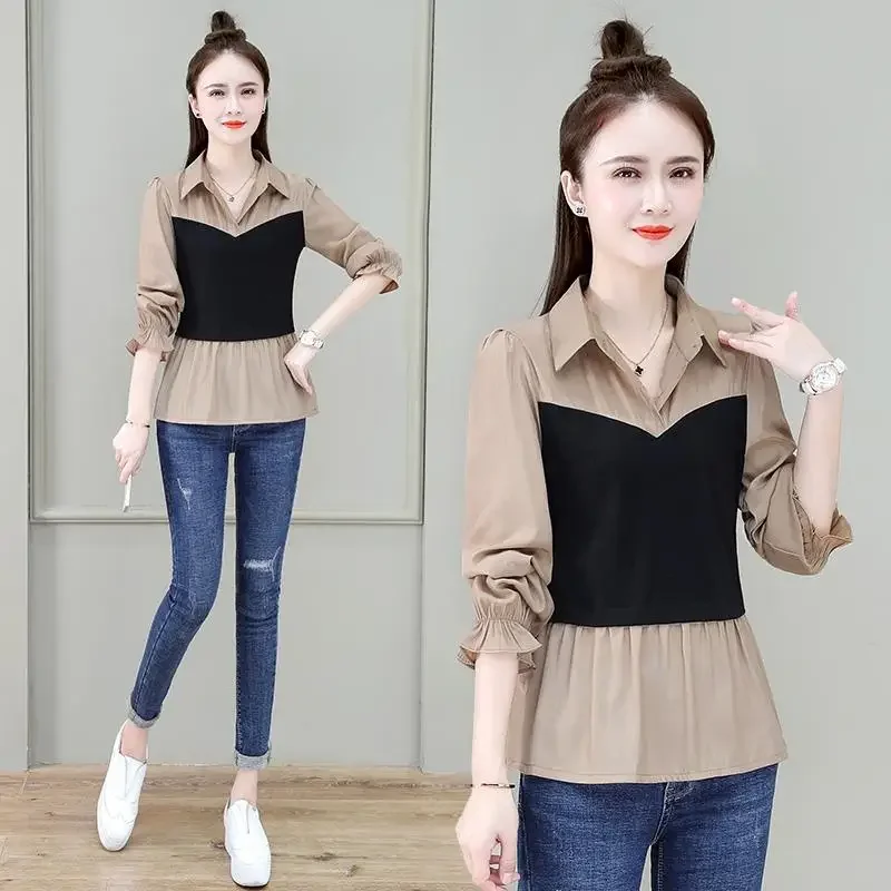 

Spring Autumn New Fake Two Pieces Top Women's Temperament Turn Down Collar Bottoming Shirt Long Sleeve Blouse M-4XL