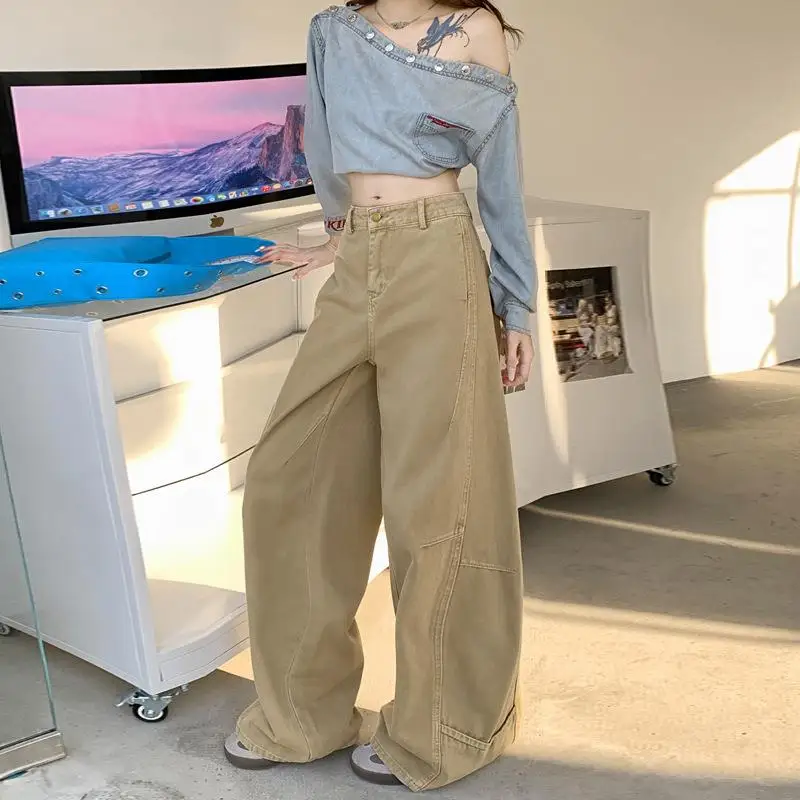 

Khaki Sile Wide Leg Jeans Women's Patchwork Feel Street Sle Cotton High Waist Medium Stretch Spring 2025 Faion Trend