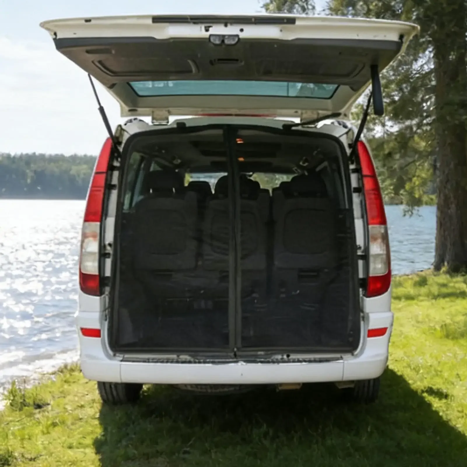 Red de malla magnética y con correas para puerta trasera de camioneta de 58"x57", protección UV y contra insectos, toldo parasol convertible para viajes de overlanding y camping