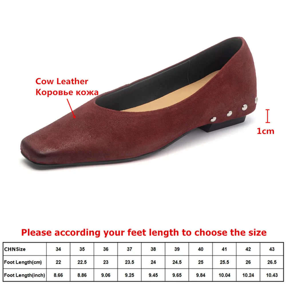 MILI-MIYA Women's Square-Toe Full Genuine Leather Retro Casual Flats With Metal Studs Solid-Color Slip-On Shoes Handmade
