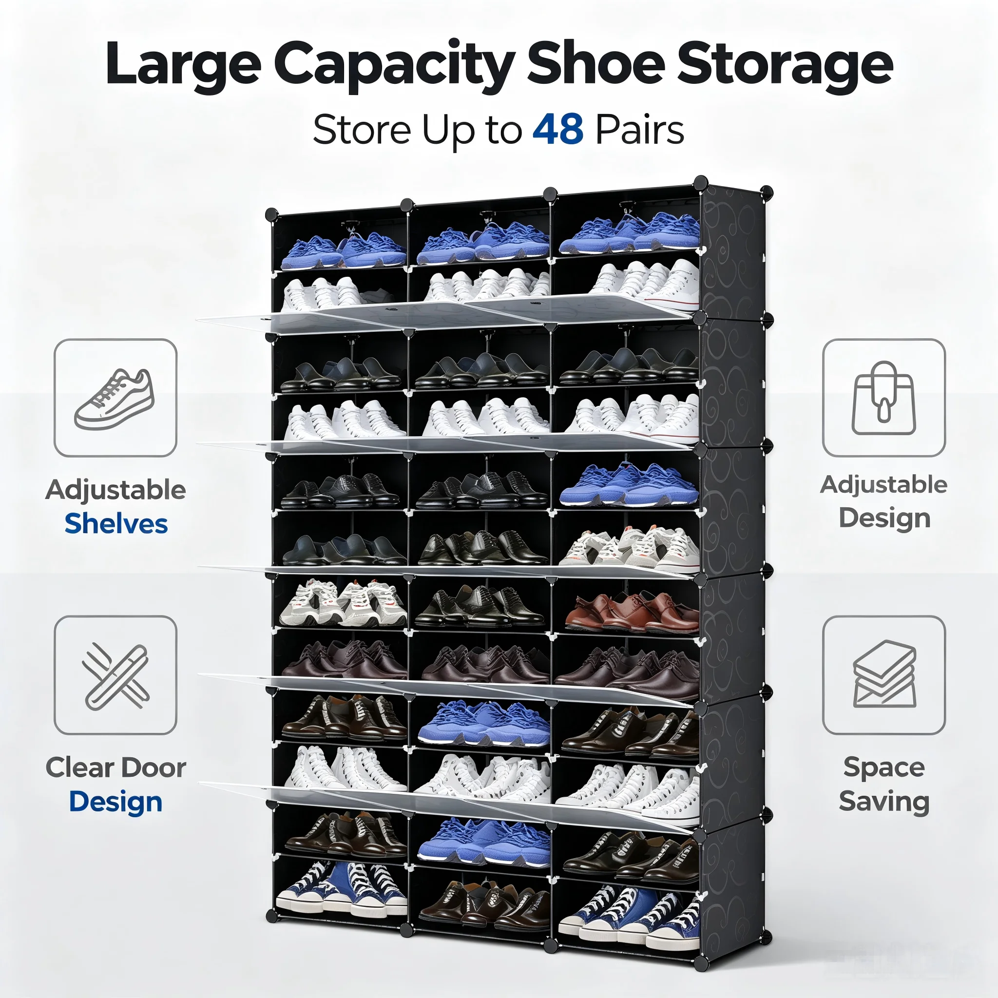 Modular DIY Shoe Storage Cabinet, 36 Cubes Stackable Shoe Organizer with Dustproof Clear Flip Doors, Holds Up to 72 Pairs Free Standing Shoe Rack, Adjustable Plastic Shoe Shelf for Entryway Closet Bedroom Mudroom, 72