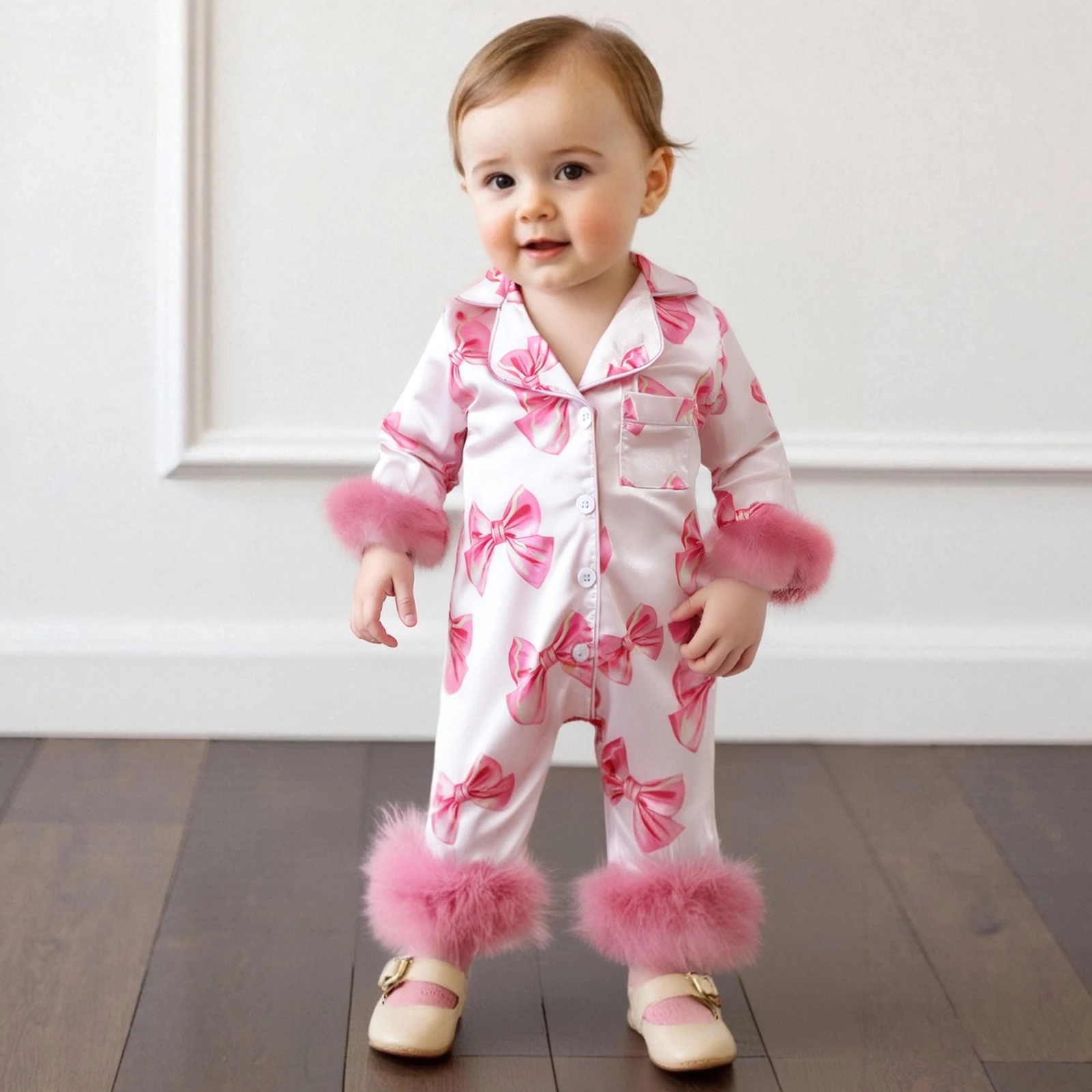 0-24M Baby Girls Pajamas, Long Sleeve Bow Print Furry Patchwork Button Closure Jumpsuit Sleepwear Loungewear