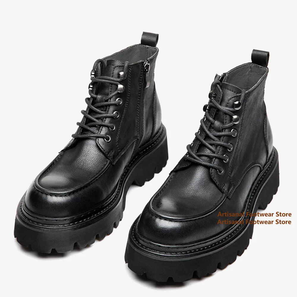

Thick Soled Men's Boots Cowhide Zipper Motorcycle Boots Retro British Style Height Increasing Boots for Men Trendy Men's Shoes