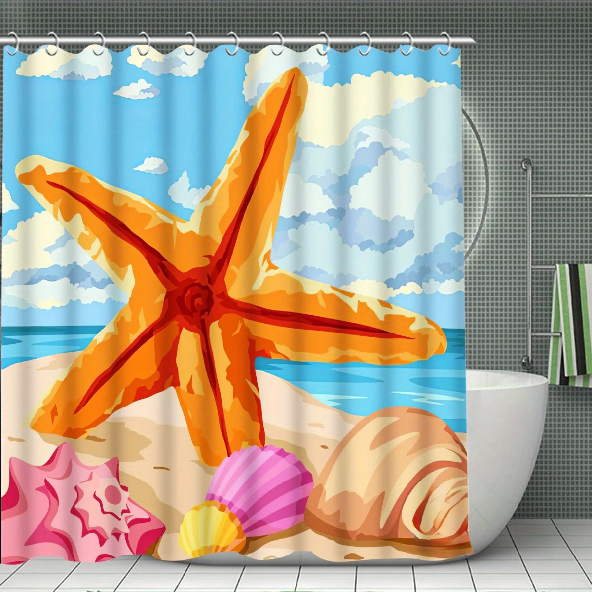 starfish Decorative Shower Curtain Bathroom Set - Machine Washable, with 12 Hooks, including Toilet Seat Cover and Bathtub Mat