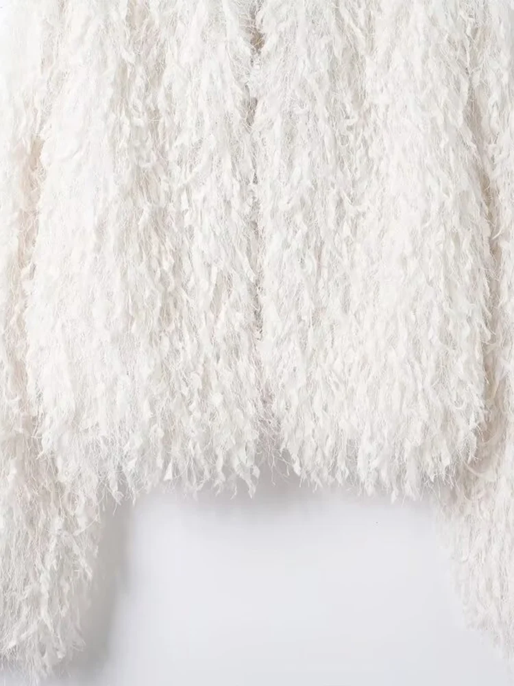 معطف نسائي جديد على الطراز الأوروبي أنيق ومتعدد الاستخدامات بأكمام طويلة مع زخارف من الريش وخيط معدني. #5