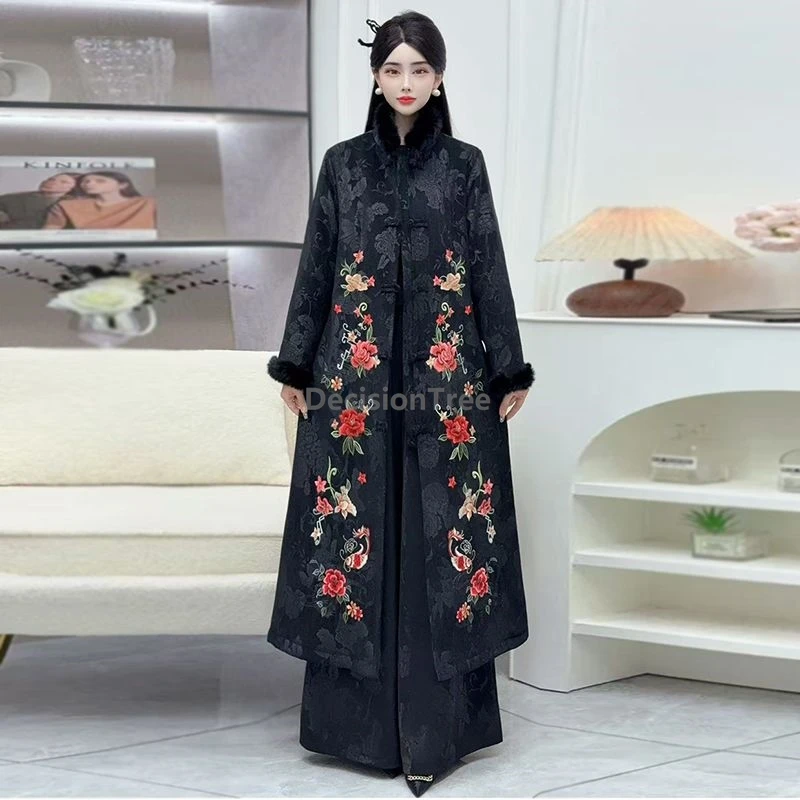 

Зима 2025 года, пальто с воротником из кроличьего меха в этническом стиле, длинное элегантное модное китайское пальто, кардиган с литературным искусством