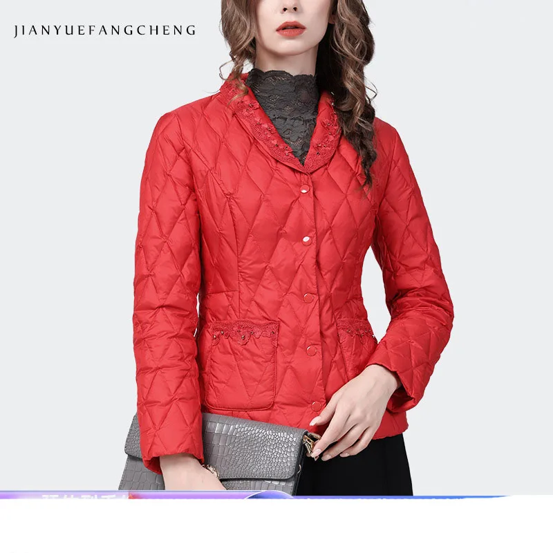 Doudoune brodée à col en v pour femme, manteau en coton rembourré, chaud, épais, Slim, court, rouge, en duvet de canard, 2022