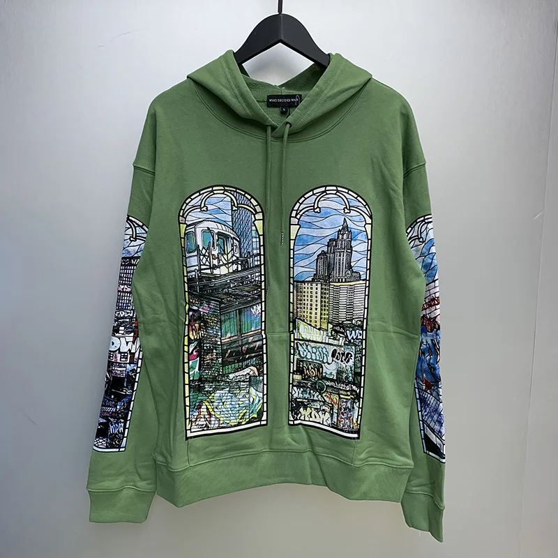 24FW Vintage Washed Green Black Who Decides War Hoodie Hooded Men Women High Street Retro Graphics Print Oversized Pullovers