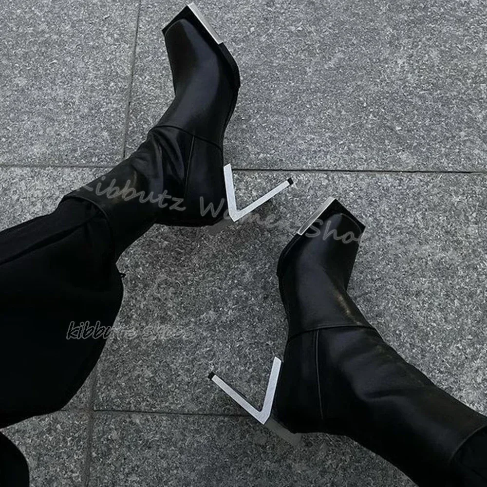 

Knee High Boots Metal Heel Square Iron Toe Solid Black Novelty Leather Side Zipper Sexy Fashion Novelty Women Shoes 2023 Newest