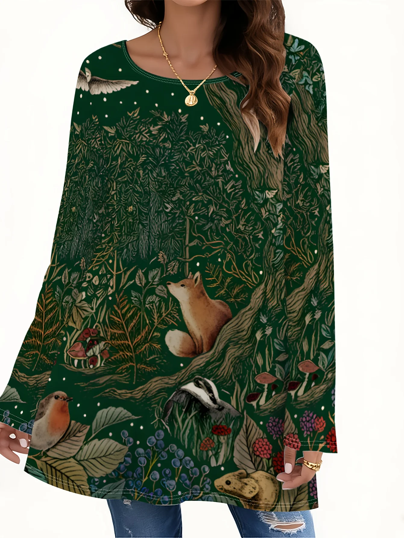 Women Crew Neck Long Sleeve Tunic Top Vintage Forest Fox Bird Animal Botanical Print Casual Loose Fit Ladies Blouse