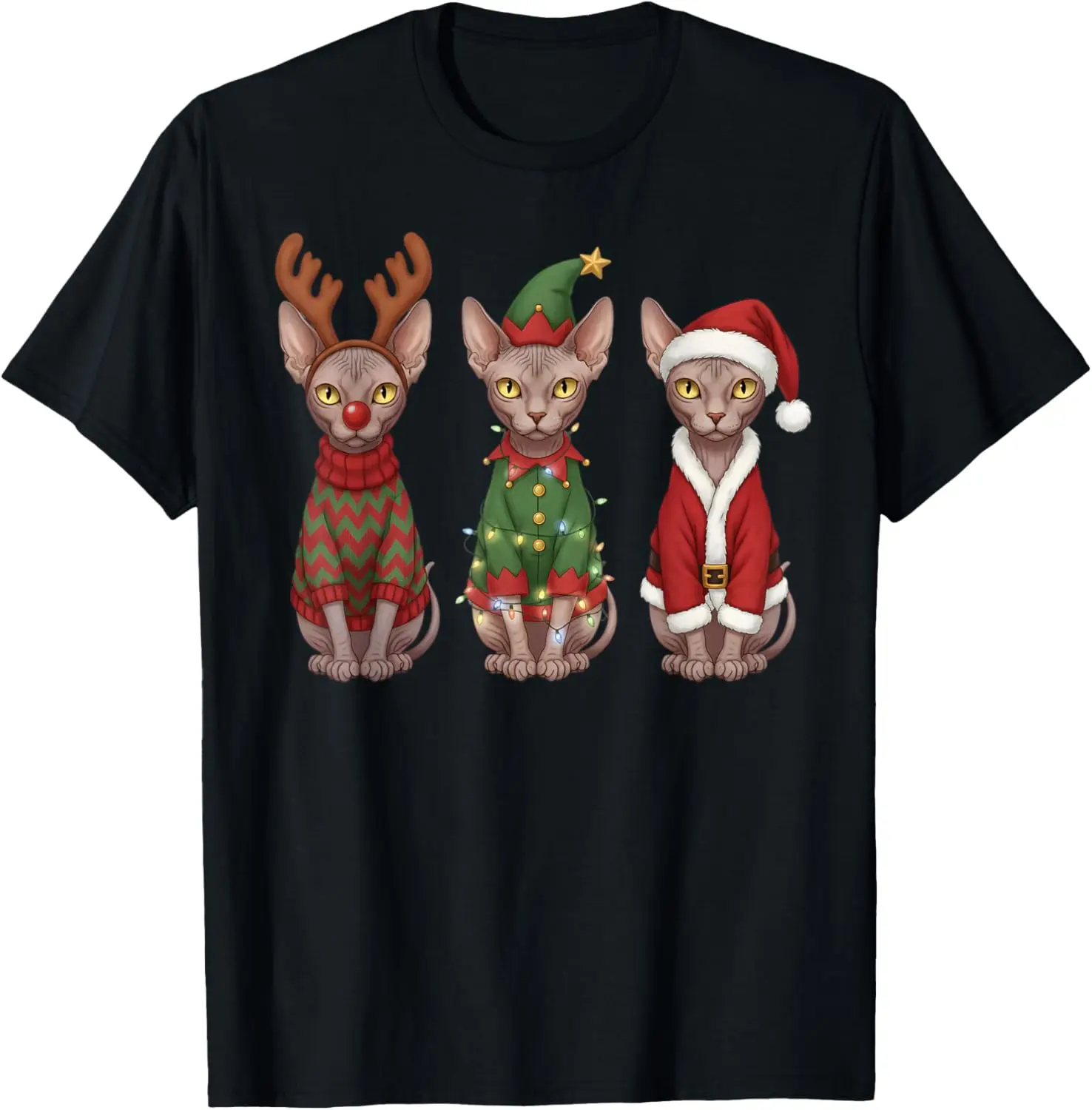 

Sphynx Cat Christmas Outfits Reindeer Elf Santa Print Graphic Tee Casual Trip T-Shirt