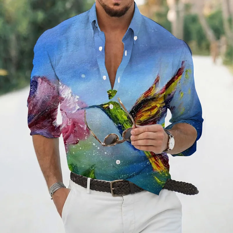 Camisa casual de grandes dimensões masculina, Camisa social havaiana, Estampada Floral, Vintage, Camisa luxuosa, Padrão Pássaro de férias, Roupa fashion personalizada