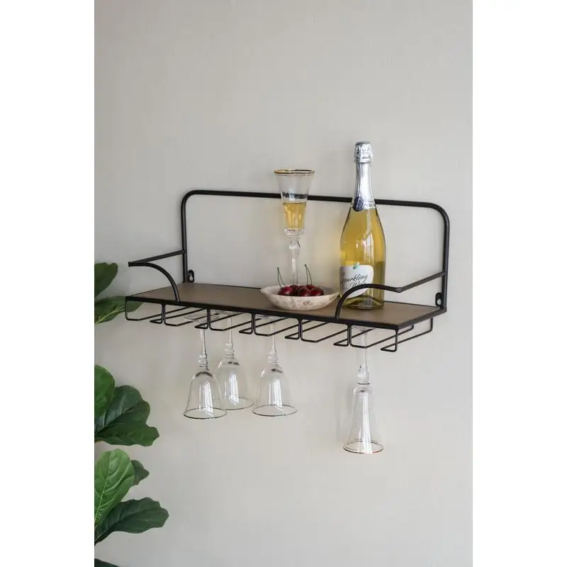 

Деревянная настенная полка размером 24 x 8,3 x 9,8 дюйма с тонкой черной железной рамой и крючками