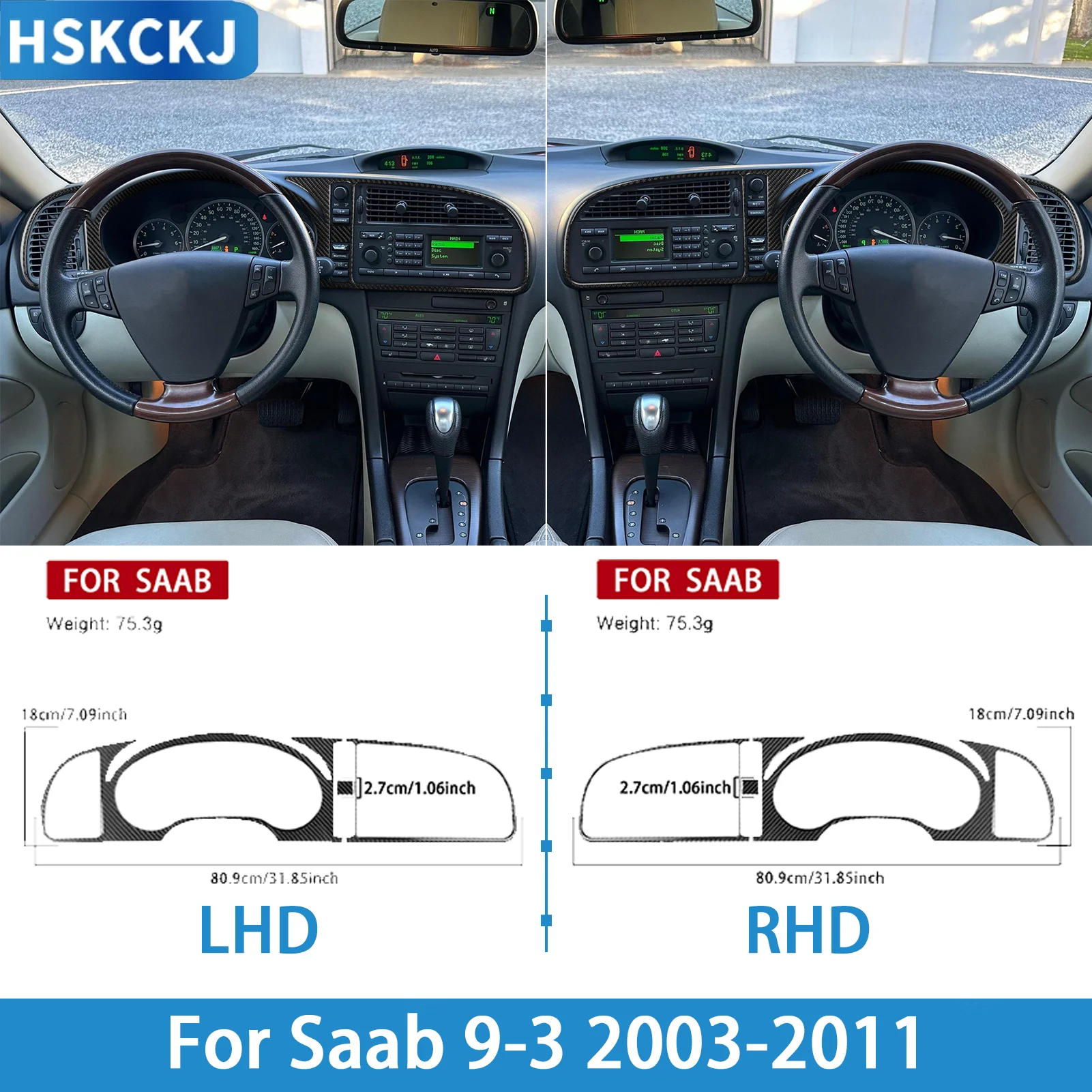 For Saab 9-3 2003-2011 Real Carbon Fiber Speedometer Bezel 3PCS Interior Decoration Accessories Styling Auto Vehicle Sticker