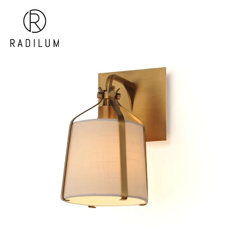 

Vintage Wall Sconce American Hotel Bedside Decor Antique Brass Metal Strap White Fabric Tapered Shade LED Cage Wall Lamp