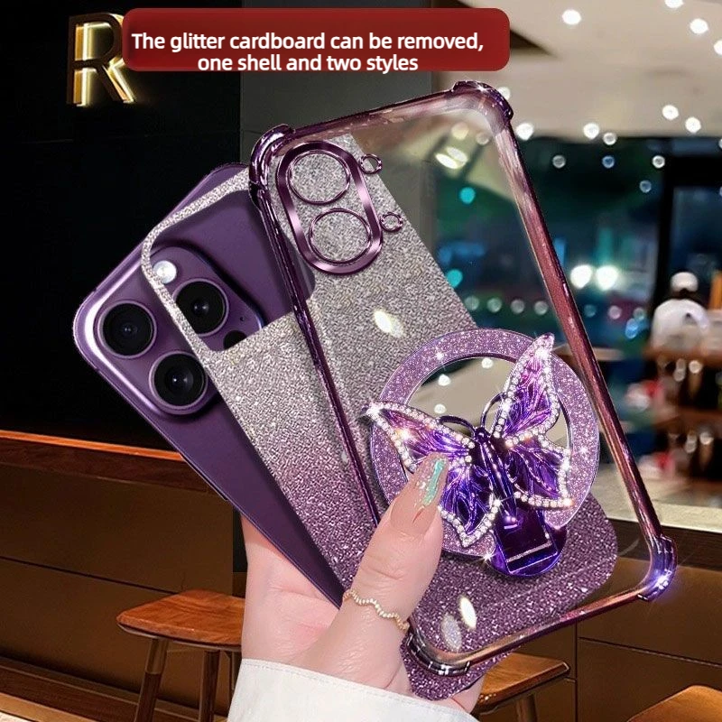Butterfly Mirror Holder Phone Case for Xiao Mi Poco X8 Pro Max M8 F8 Ultra X7 Pro F7 M7 Bracelet with Four Corner Airbag Shell