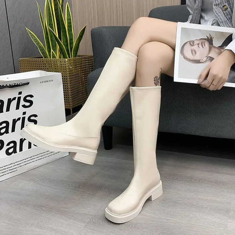 2023 Winter Fashion Women Thigh High Long Flat Boots Beige Low Heels Knee High Boots Soft Leather Square Toe Boots Party Shoes