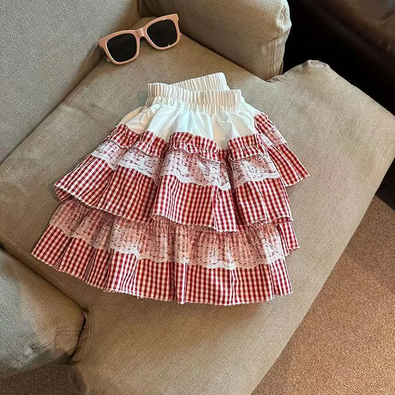 Sweet Plaid Women Skirt Summer Lace Patchwork Kawaii High Waist Mini Skirts Japanese Cute Casual All Match Slim Cake Skirt New
