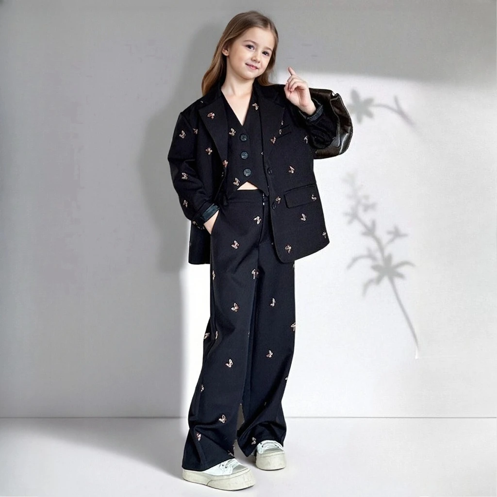 

Girls Suit Fashion Butterfly Embroidery Blazers Trousers Vest 3-piece Spring School Kids Clothing Set Teen Child Formal Uniform