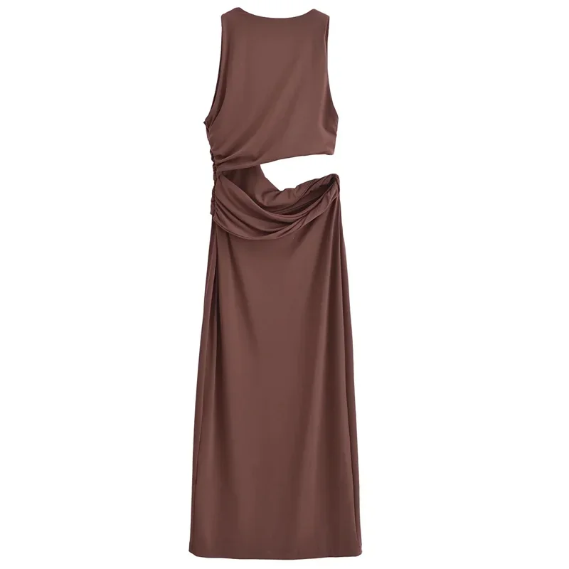 TRAF Ruched Sexy Cut Out Dress Woman Knot Long Dresses Women Summer Bodycon Brown Midi Dress Off Shoulder Holiday Party Dresses