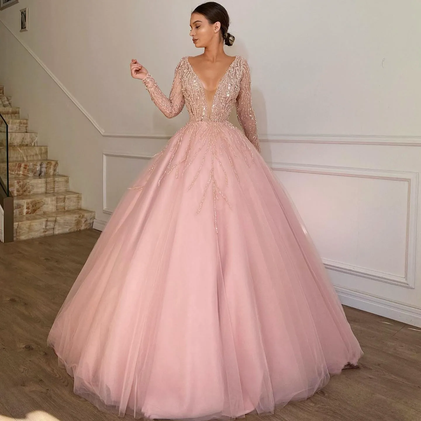 Dreamlike Pink Beaded Lace Lush Tulle Maxi Gowns See Thru Full Sleeves Tutu Tulle Evening Dresses Middle East Prom Gowns