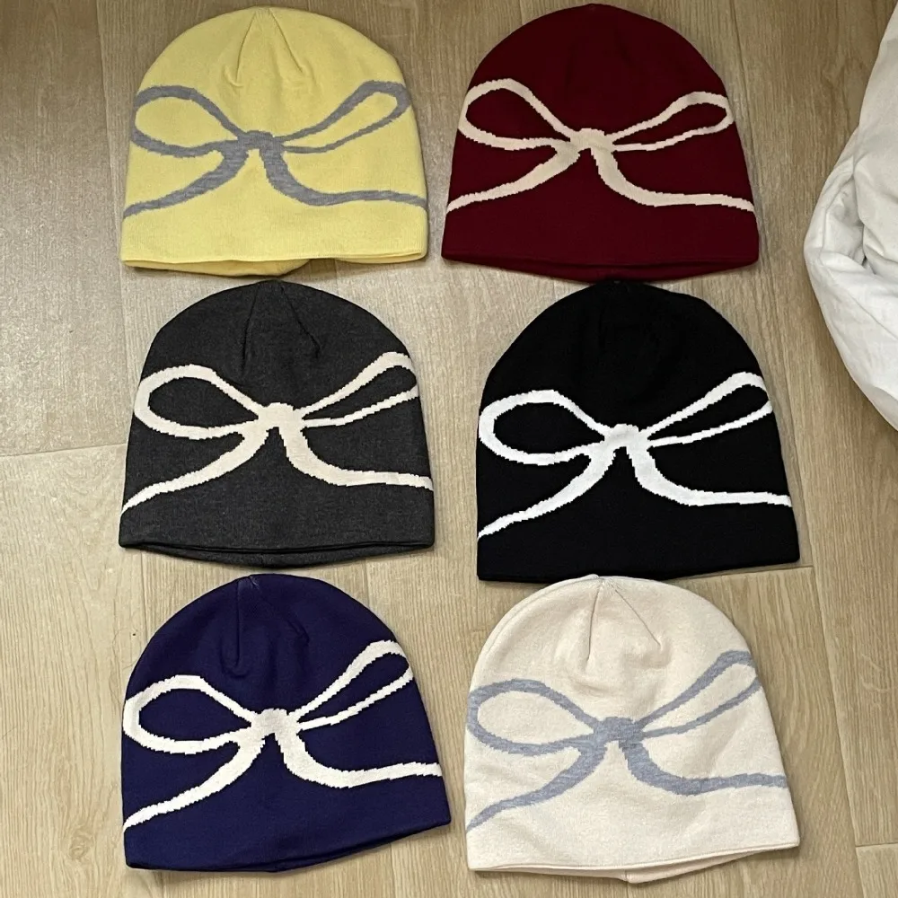 Korean Style Bow Pattern Warm Thick Hats Revealing Face Small Elasticity Winter Warm Hats Hip-Hop Retro Knitted Beanies Autumn