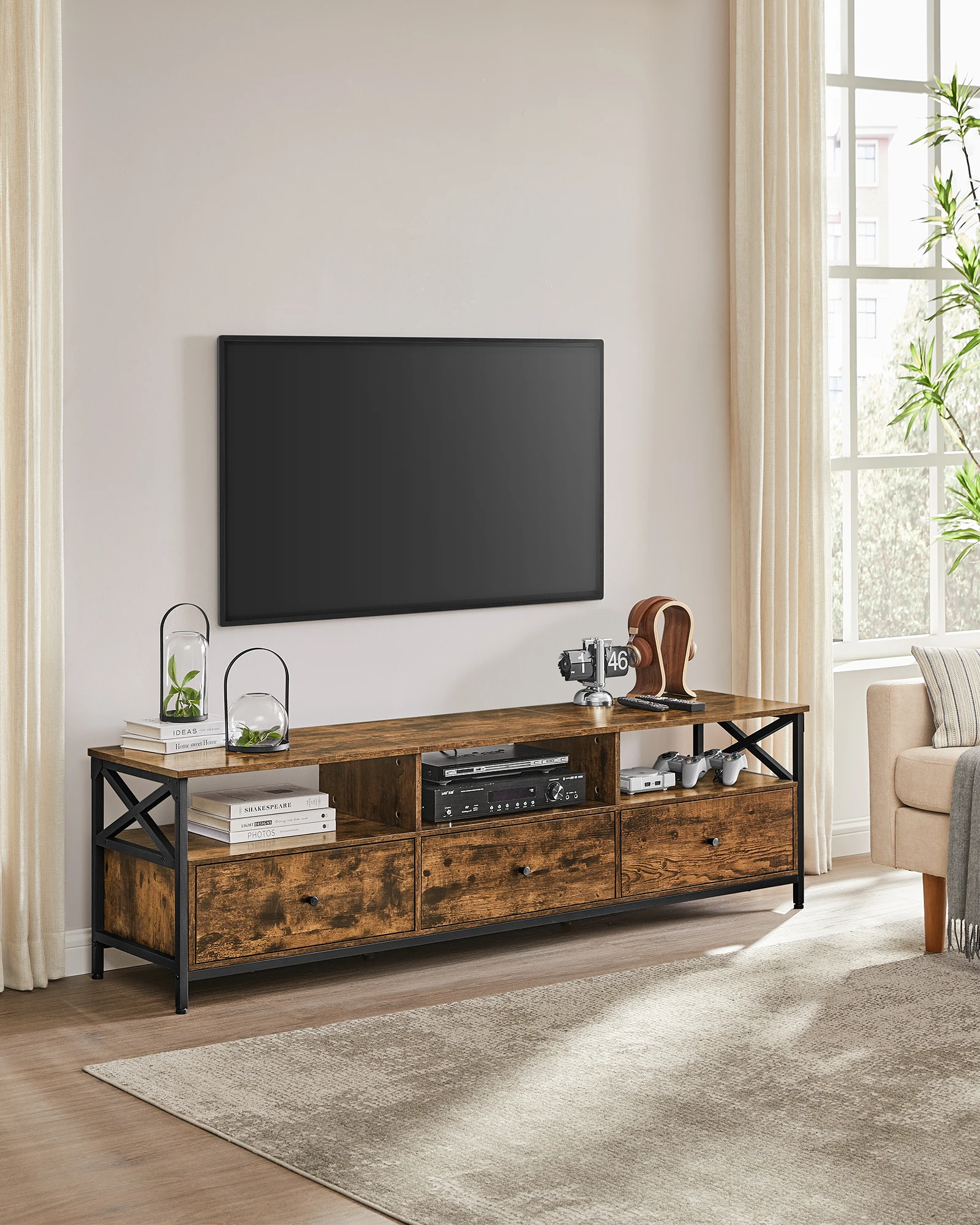 VASAGLE TV-garderobe, lowboard voor televisie tot 80 inch, TV-tafel met 3 stoffen lades, 3 open compartimenten - afbeelding 1