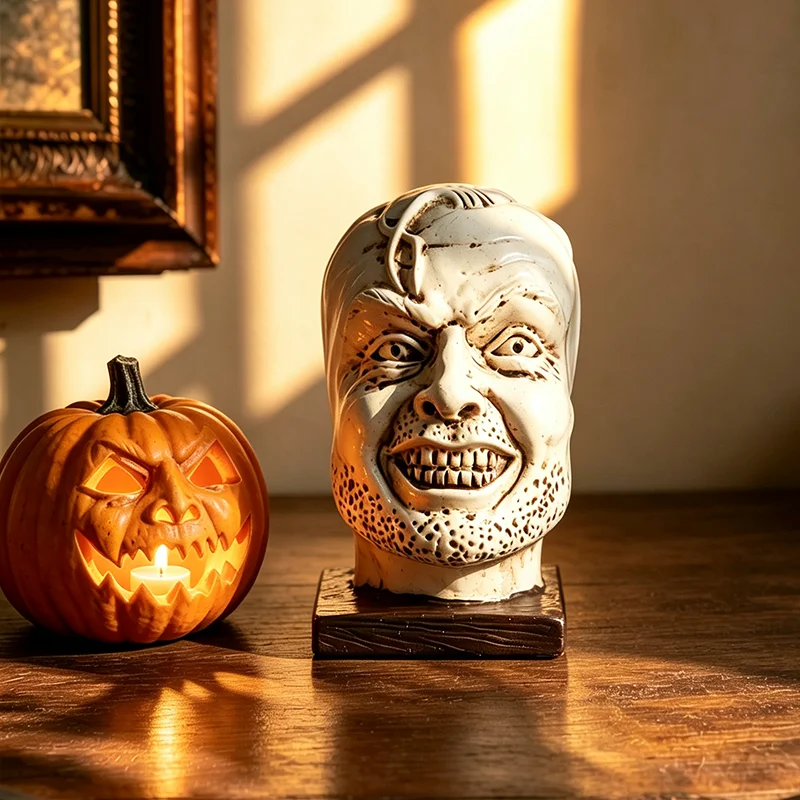 Gothic Dark Resin Human Head Bookend Spooky Vintage Bust Figurine Desktop Ornament for Bookshelf Study Halloween Home Decor Gift