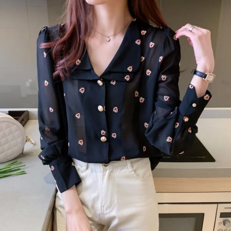 Women Korean Fashion Double-Layer Collar Embroidery Shirts Vintage Elegant Chic Commute Blouses Casual Long Sleeve Loose Tops