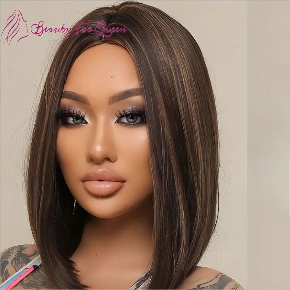 Straight Short Bob Wig Highlight Brown Colored Human Hair Transparent Lace Front Wig Glueless Wig Human Hair For Women