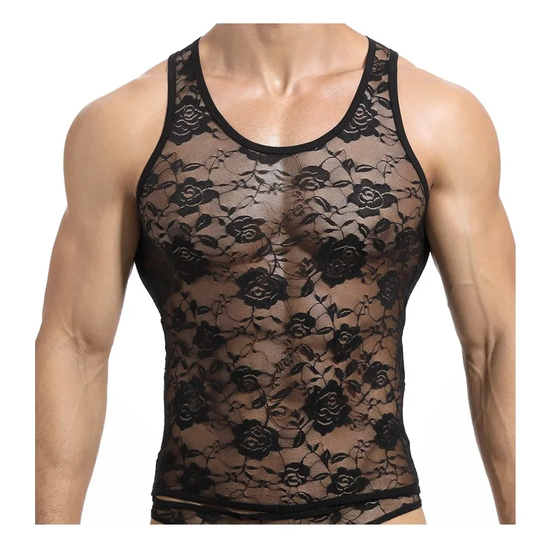 Men Floral Lace Tank Tops Sexy Transparent Mesh Elastic Fitted Singlet Sleepwear Male See-Through Sleeveless Vest Nightwear