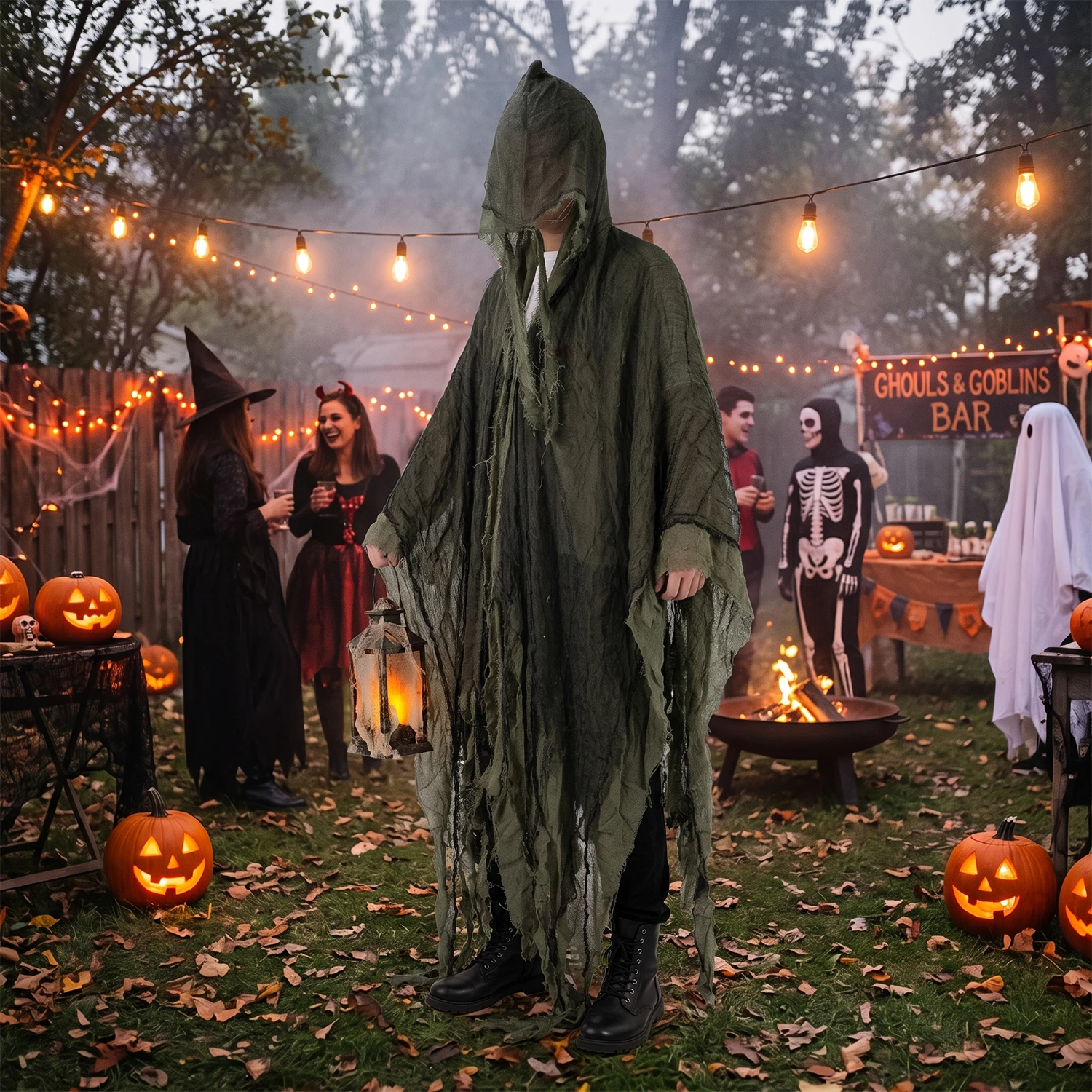Mantello da morto di Halloween, ideale per altezze comprese tra 160 e 190 cm, mantello da Halloween strappato con cappuccio e cordoncino, costume da spaventapasseri zombie con dettagli strappati,