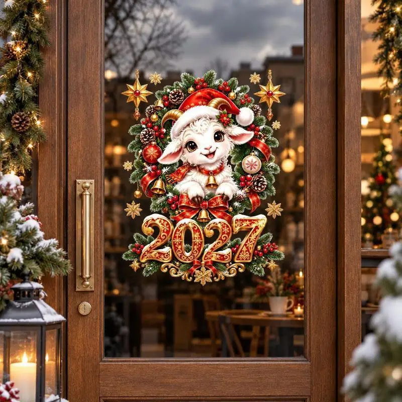 2027 Happy Christmas Decoration Sheep Window Decals Christmas Window Stickers Shopping Mall Showcase Festive Decor